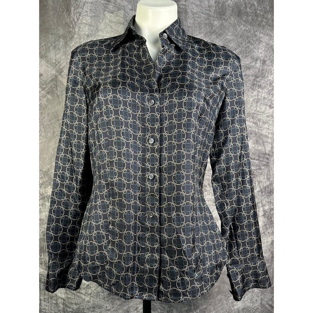 Ann Taylor 100% Silk Button Down Shirt Women 4 Navy Blue Geometric Chain Link